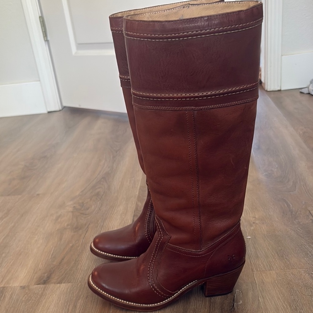 Frye Brown Heeled Boots with Stacked Heel